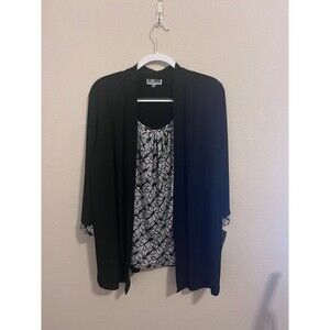JM Collection Black Open-Front Cardigan with Black & White Printed Tank
